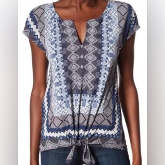 Lucky Brand Blue Grey Aztec Geometric Split Neck Short Sleeve Front Tie Top SZ M - Picture 13 of 13
